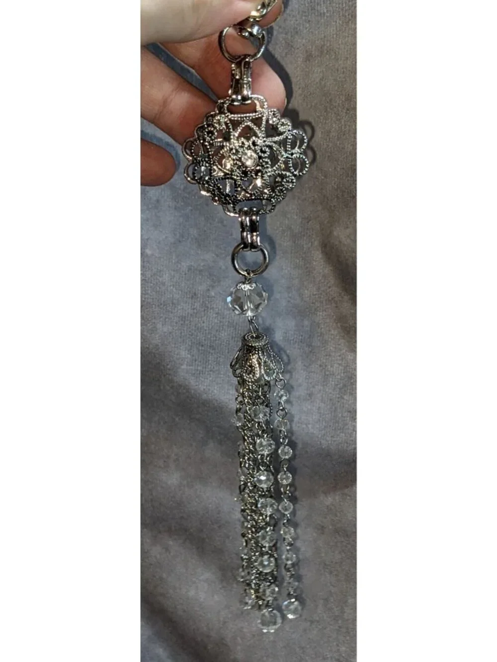 Glam Silver Crystal Tassel Keychain Filigree Rhinestone Beaded Bag Charm